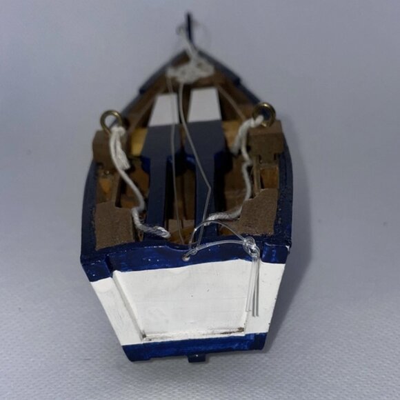 Vintage Boat Ornament  Wooden with Oars & Ropes Blue /White - Detailed - Picture 4 of 7